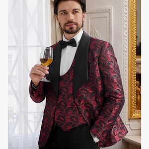 MAGE MALE Men's Paisley Tuxedo Blazer in Red and Black Dinner Prom Wedding L